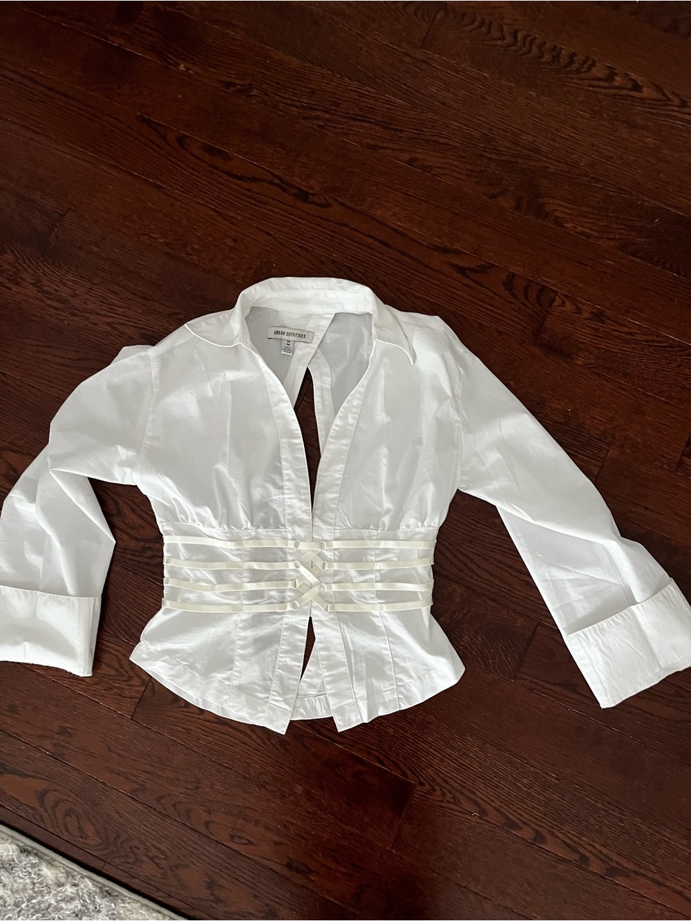 Urban outfitters White Fitted Ribbon-Waist Tailored Jacket shirt top
